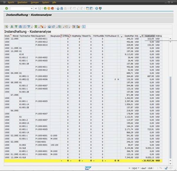  SAP List & Quick Viewer: Instandhaltung - Kostenanalyse