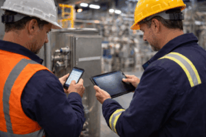 Zwei Männer, die in der Instandhaltung mobile Apps verwenden