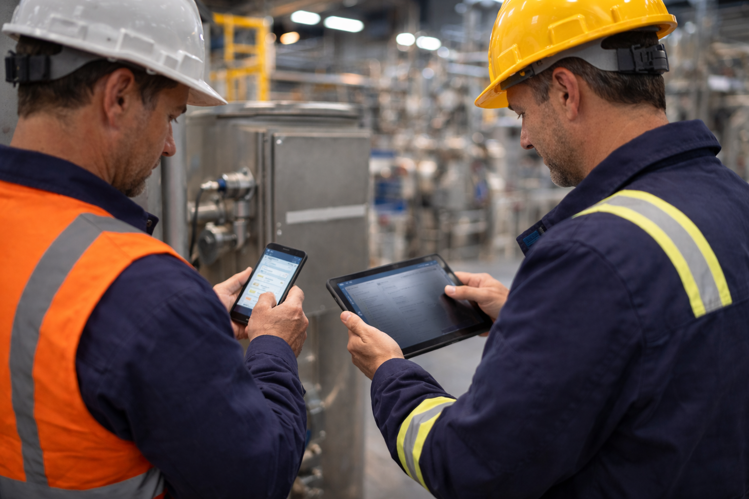 Zwei Männer, die in der Instandhaltung mobile Apps verwenden
